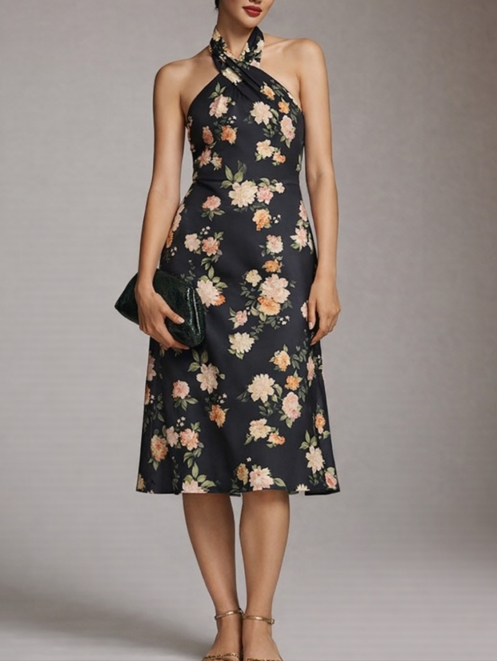 BHLDN Ruby Twist Halter Satin Gown - Navy Blue Peony Bouquet